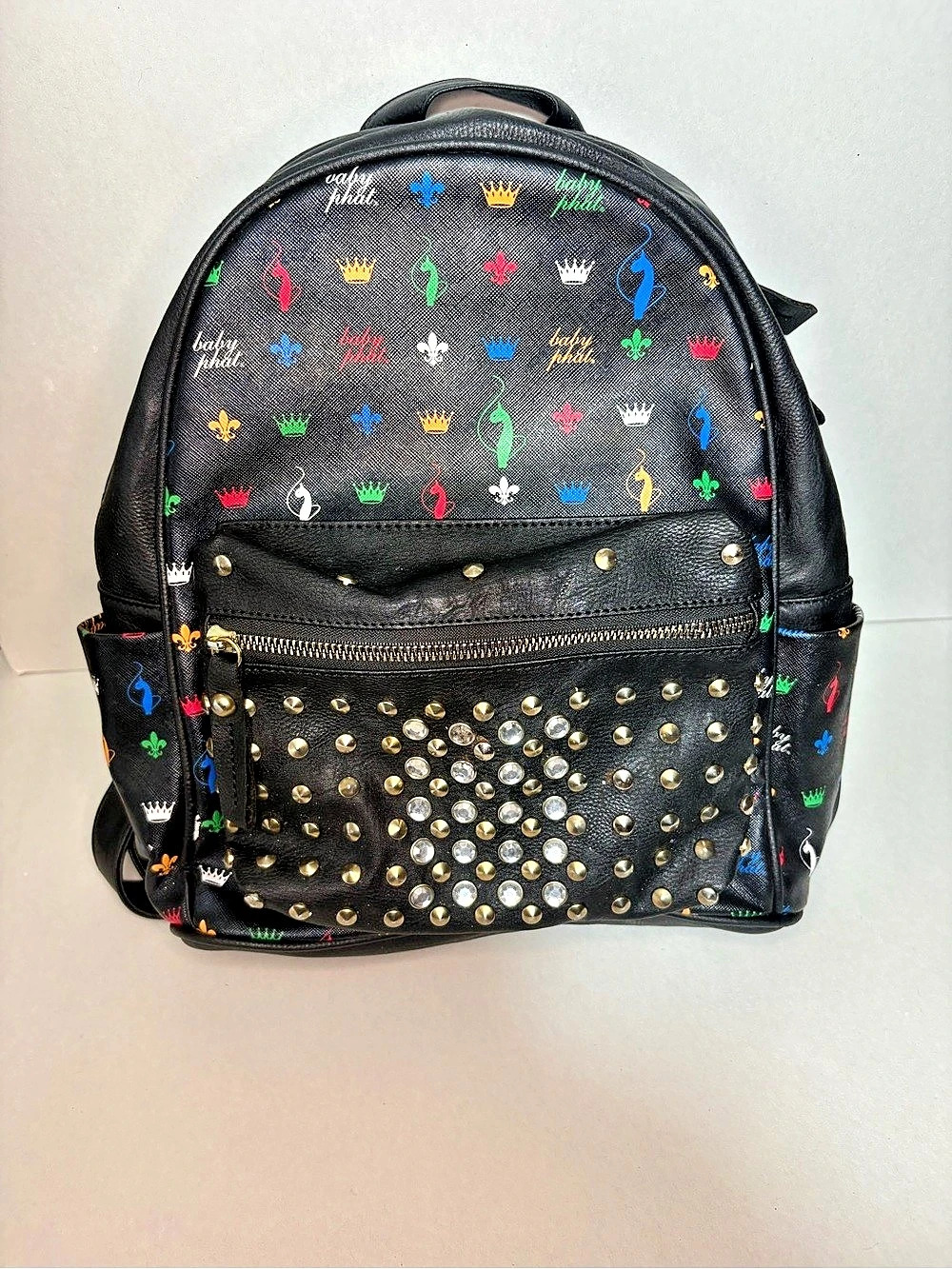 Baby Phat All-Over Logo Print Studded Backpack Black & Multicolor